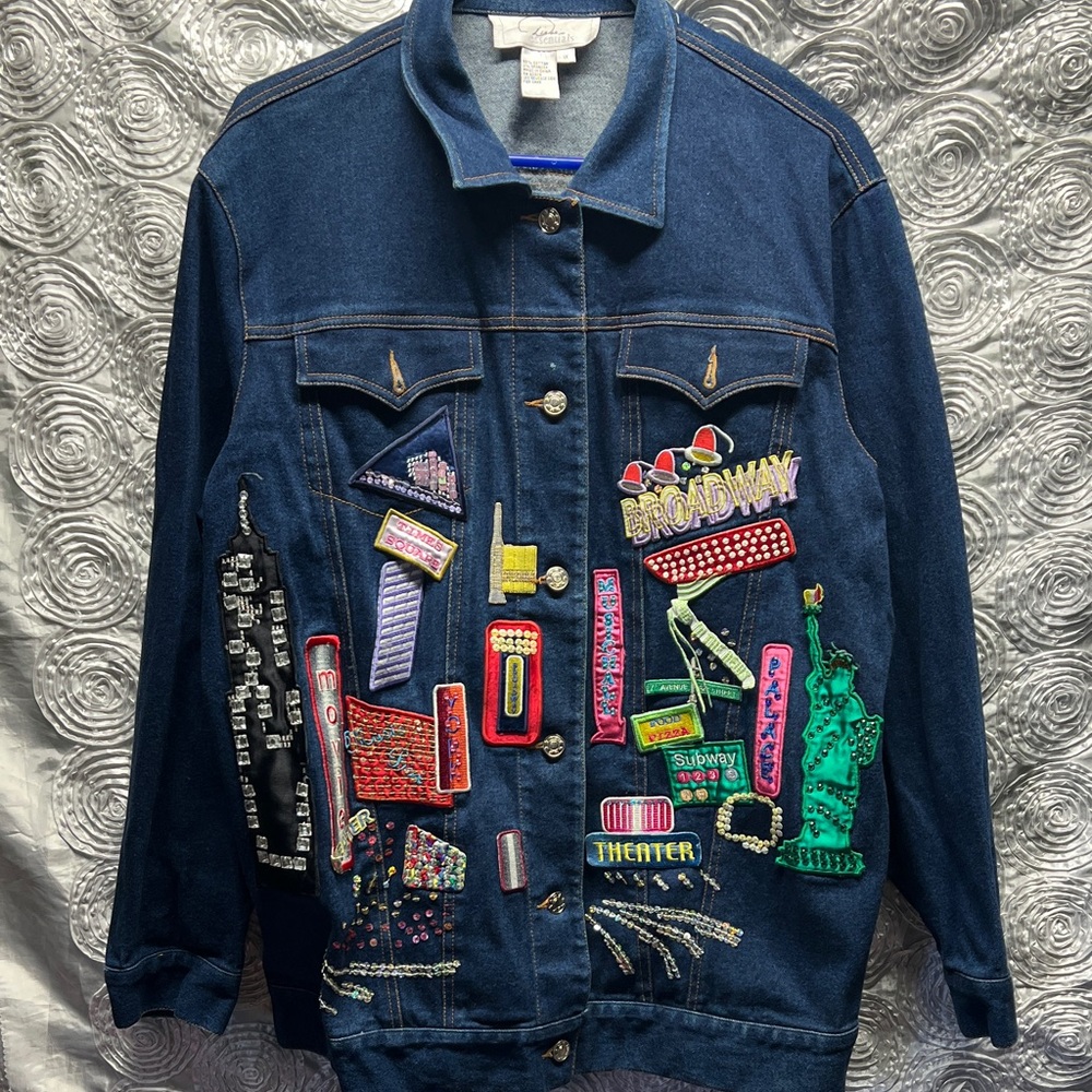 Embroidered Denim Jacket with Colorful Patches of New York By Diane’s Essentials